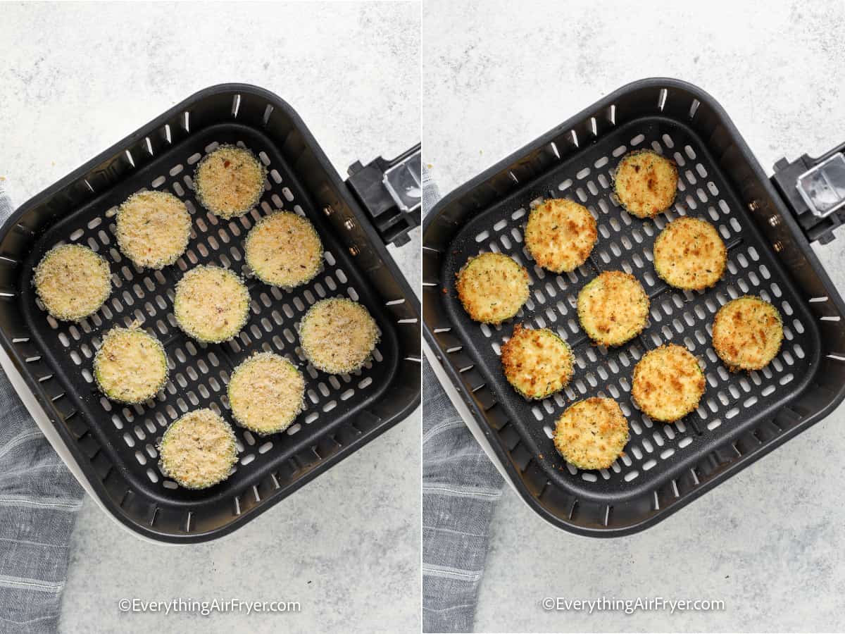 before and after of air fryer zucchini chips in air fryer tray