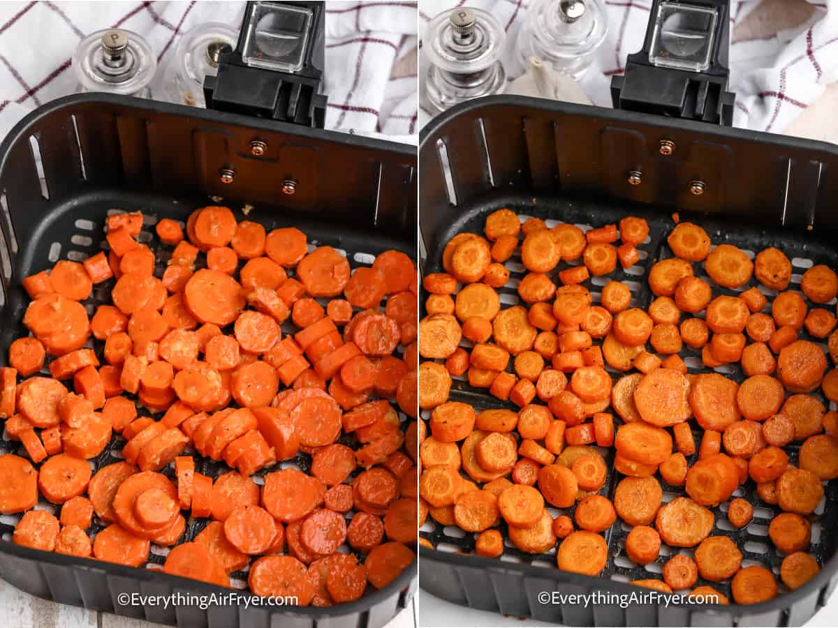 process of cooking carrots in an air fryer tray