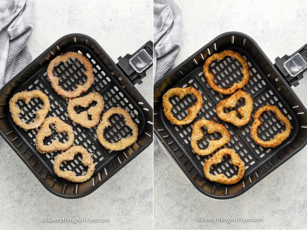 process of cooking crispy bell peppers in an air fryer tray