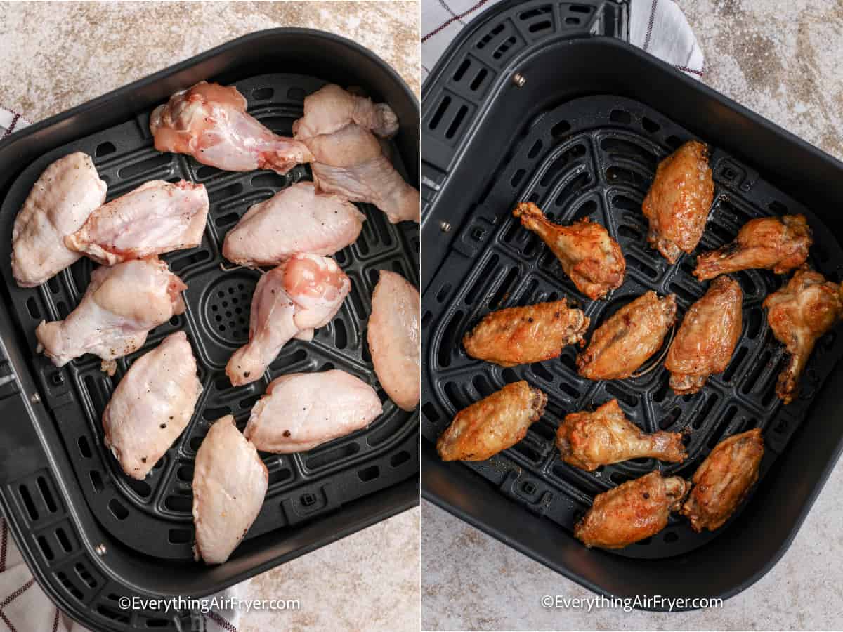 process of cooking chicken wings in an air fryer tray