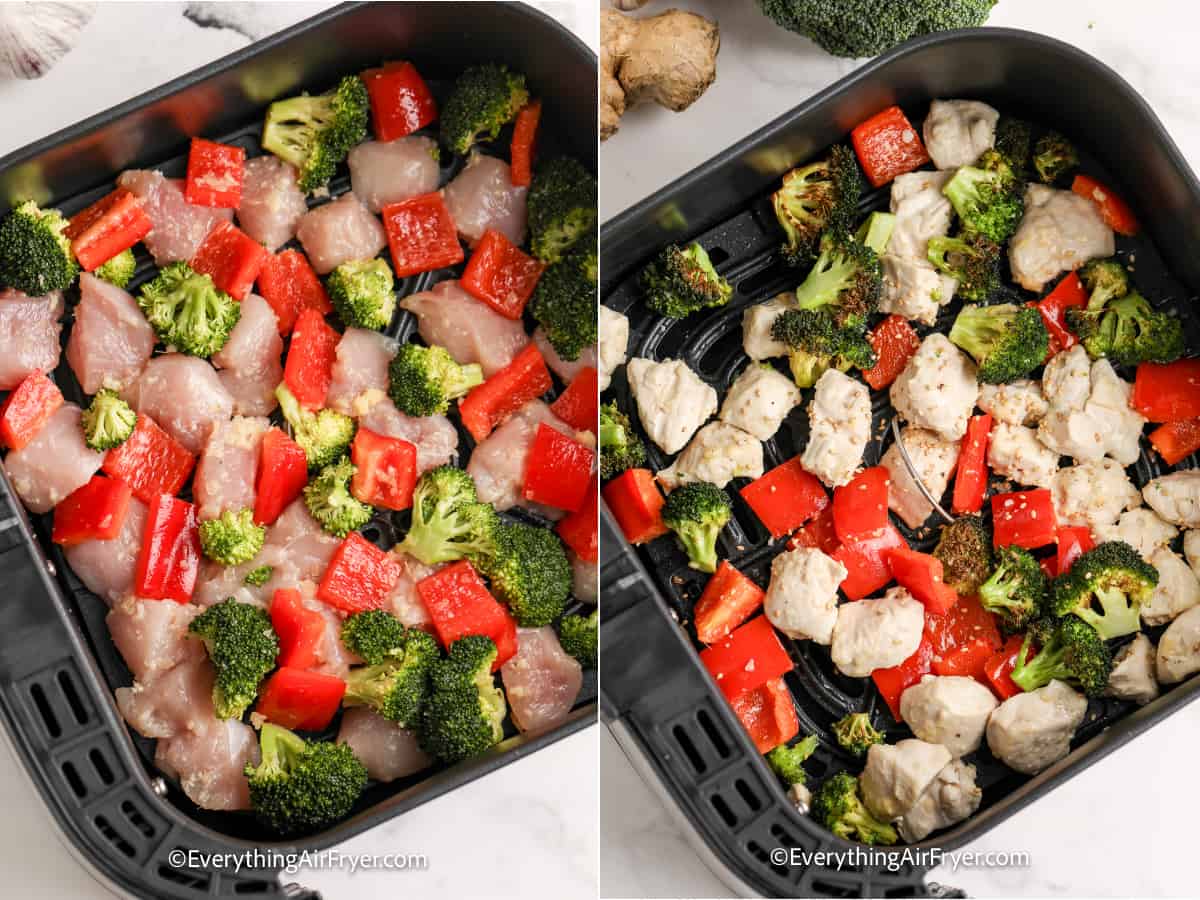process of cooking chicken and vegetables