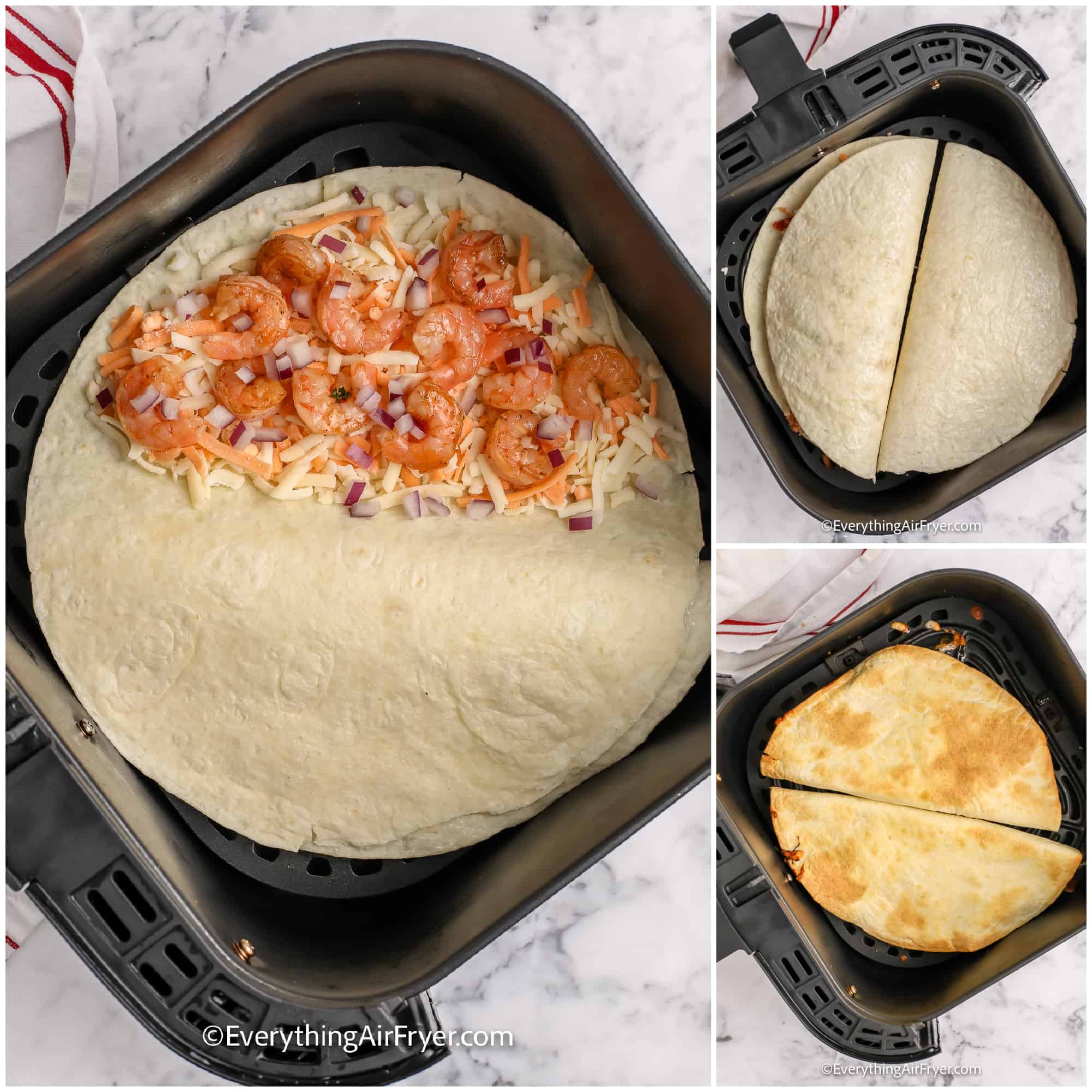 process of cooking shrimp quesadillas in an air fryer tray