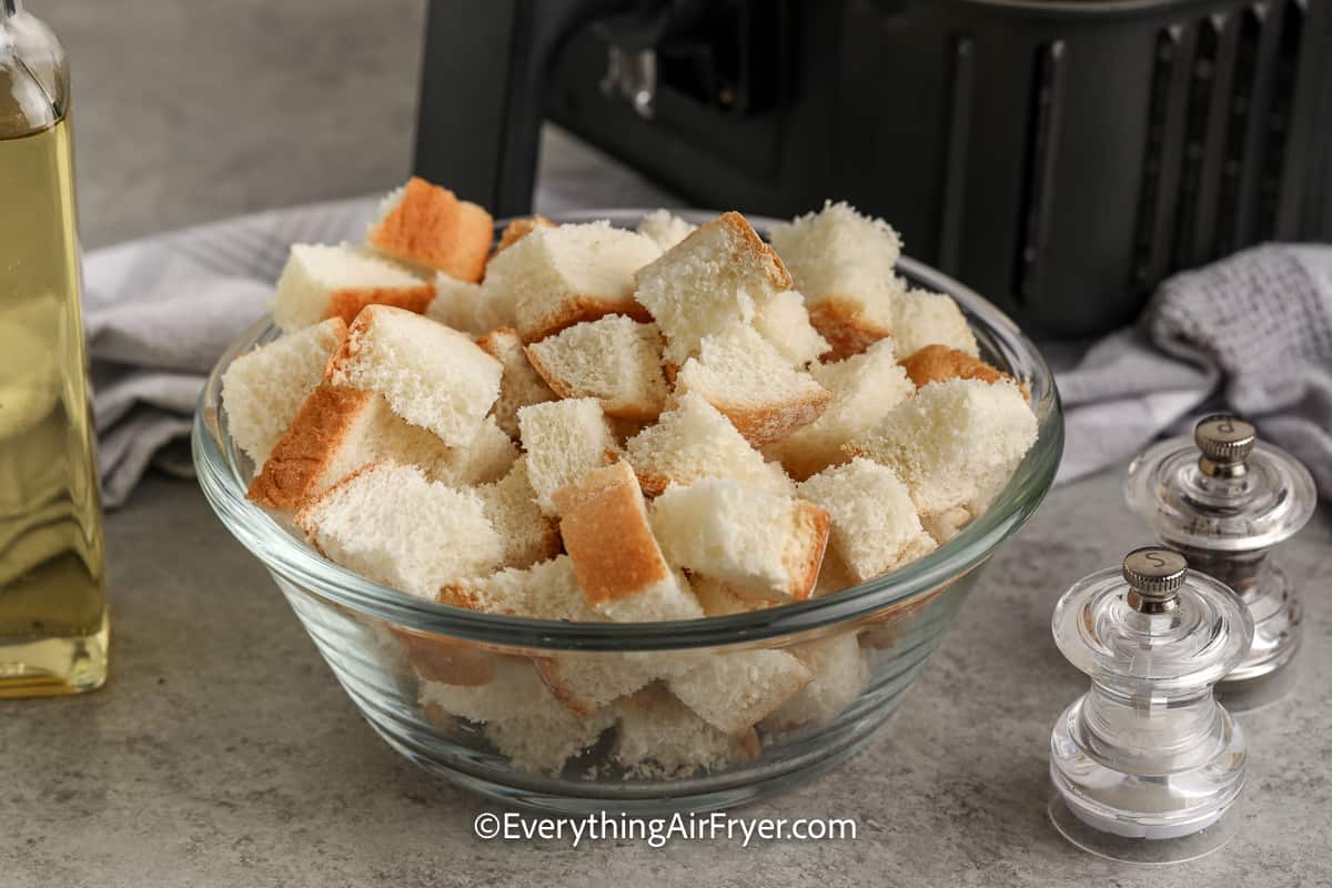 unbaked croutons in a bowl
