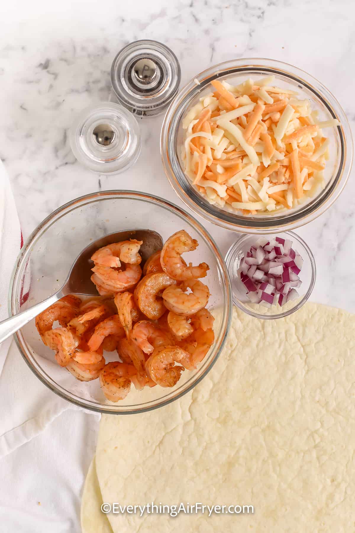 ingredients assembled to make shrimp quesadillas