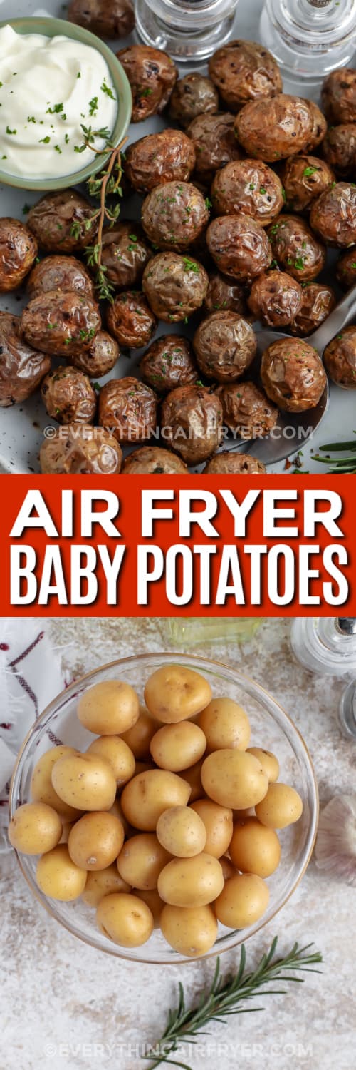 air fried baby potatoes and un cooked baby potatoes with text
