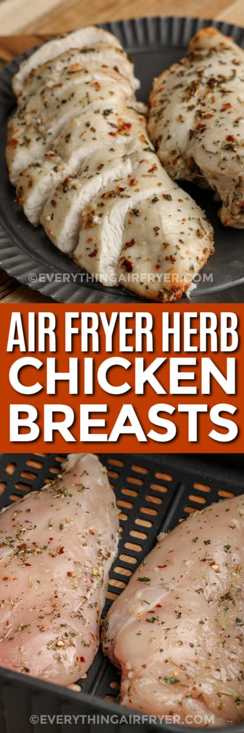 herb chicken breasts and uncooked herb chicken breasts with text