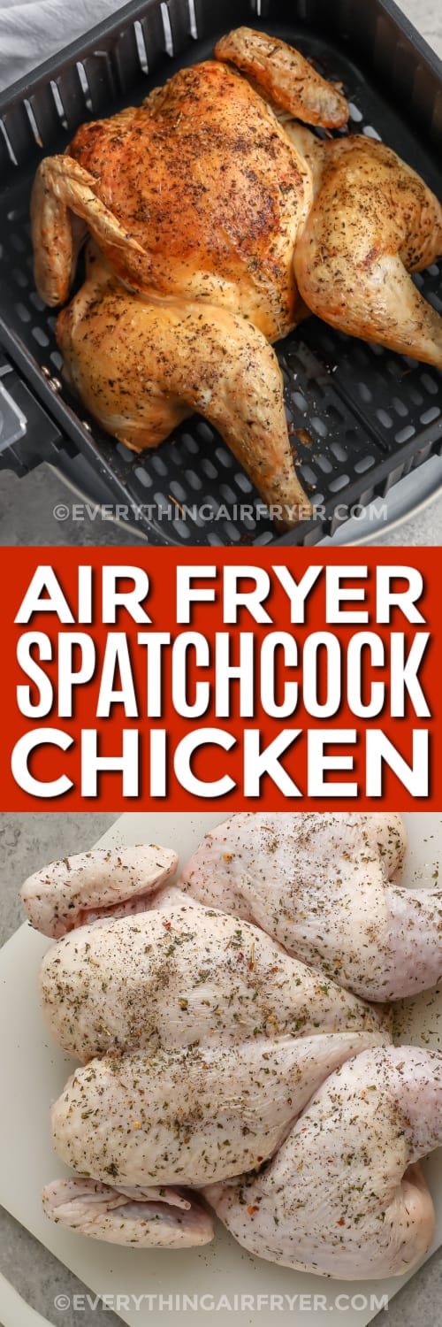 cooked whole chicken uncooked whole chicken in air fryer trays with text