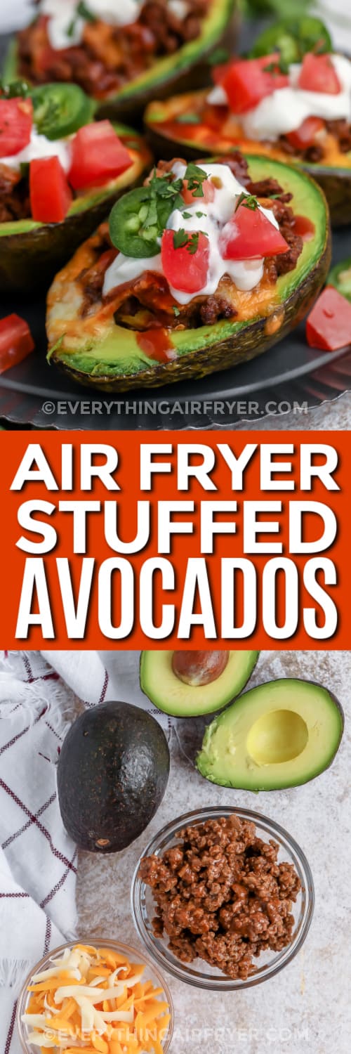 stuffed avocados and ingredients with text