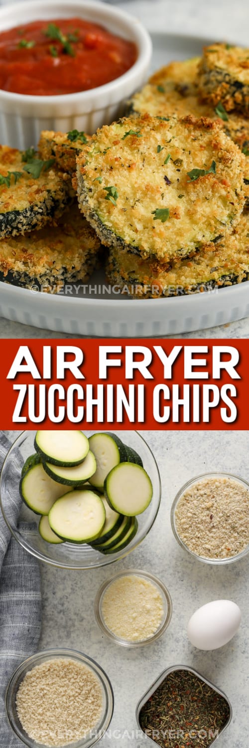 air fryer zucchini chips and ingredients with text