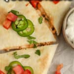 top view of chicken quesadillas with text