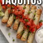 taquitos topped with tomatoes with text