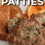 sausage patties on a plate with text