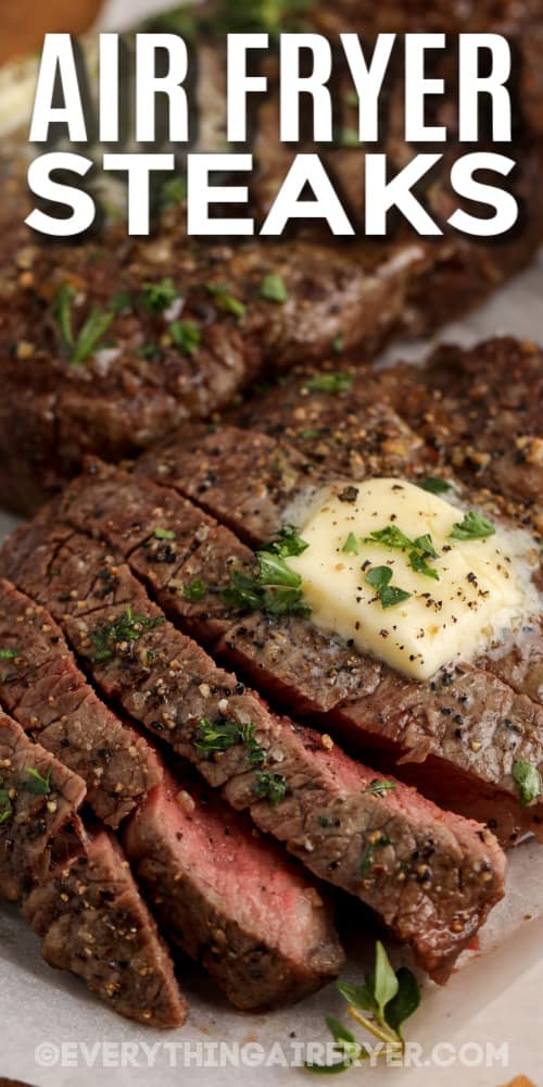 sliced cooked steak with text