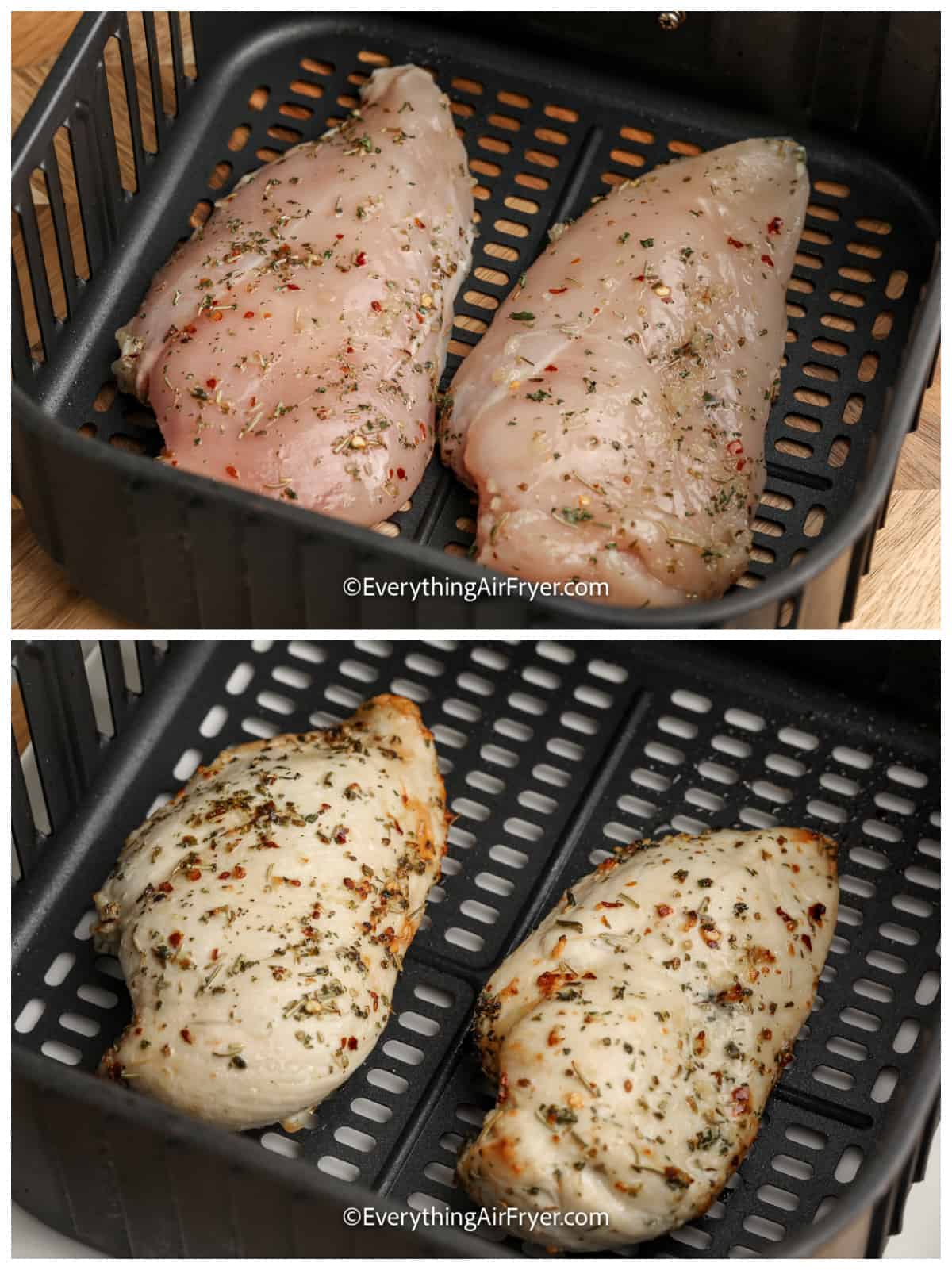 the process of cooking herb chicken breasts in an air fryer tray