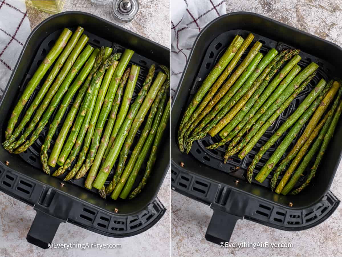 process of cooking asparagus in an air fryer tray