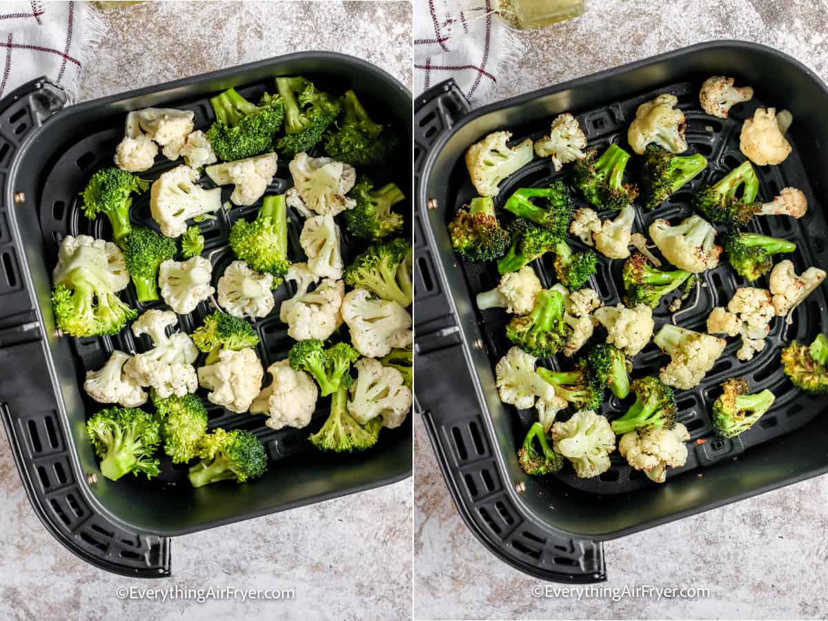 Broccoli and Cauliflower in an air fryer basket before and after being cooked.