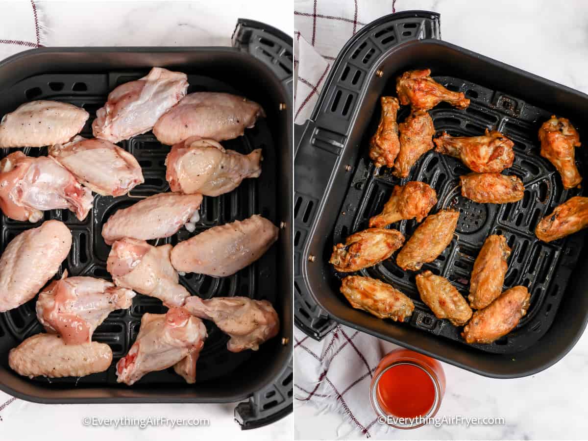 process of cooking buffalo chicken wings in an air fryer tray