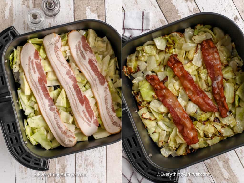 2 images showing the steps to cook Air Fryer Cabbage with bacon