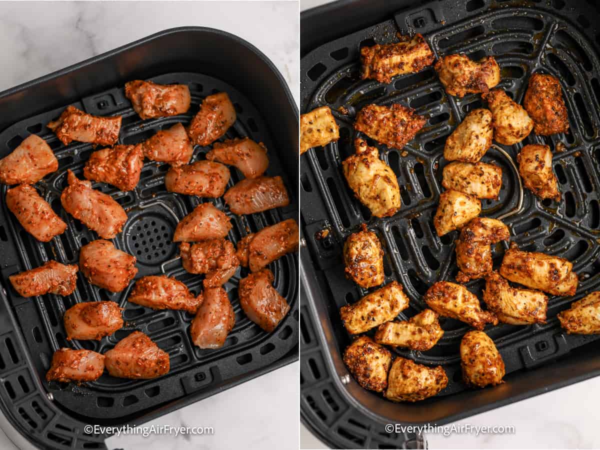 process of cooking cajun chicken bites in an air fryer tray