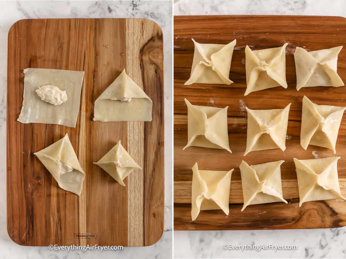 two images showing process of folding wontons