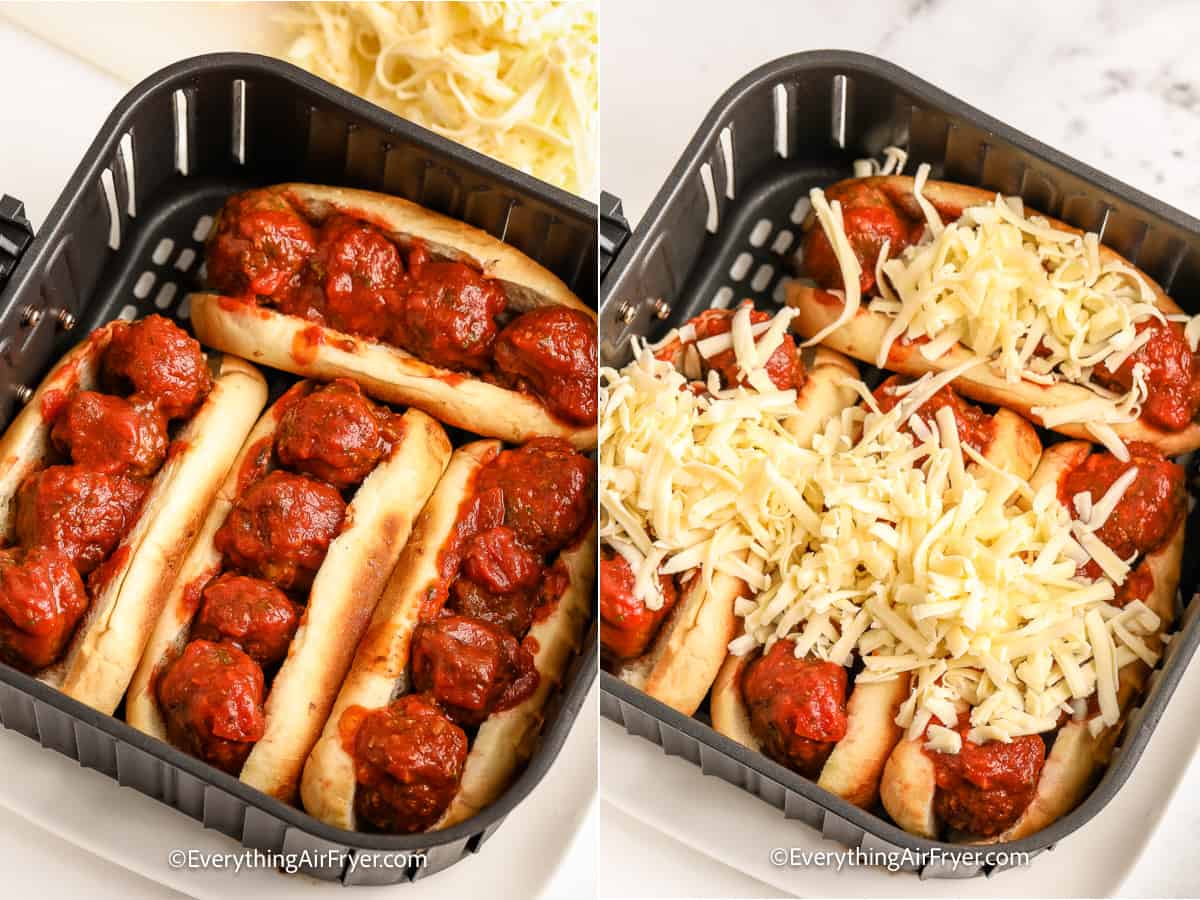 Two images showing meatballs sub prepared in the air fryer basket before and after adding cheese