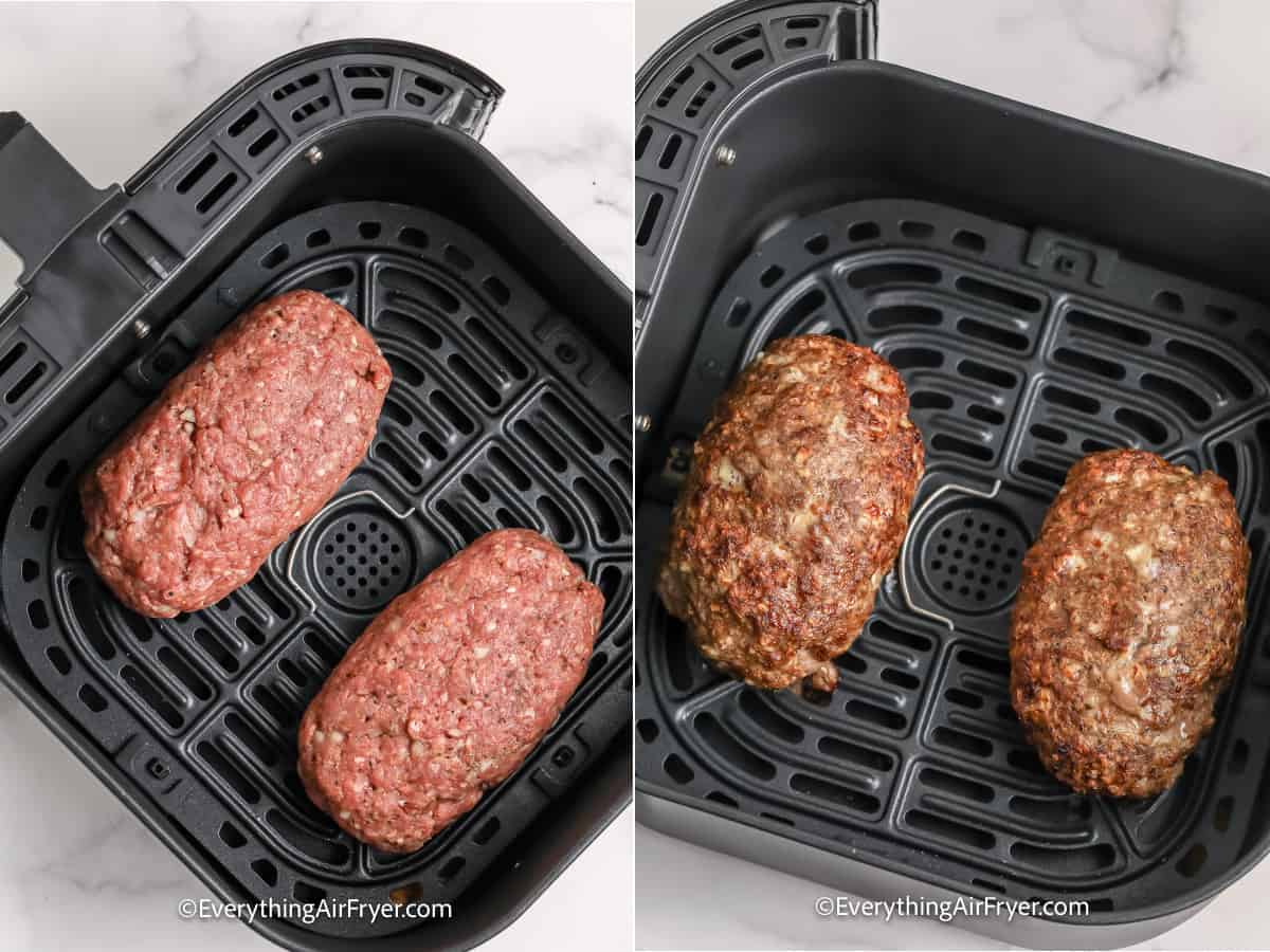 process of cooking meatloaf in an air fryer tray