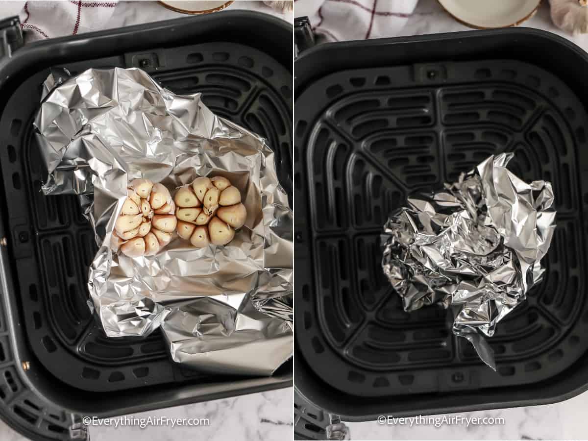 Roasted Garlic wrapped in tinfoil in an air fryer basket