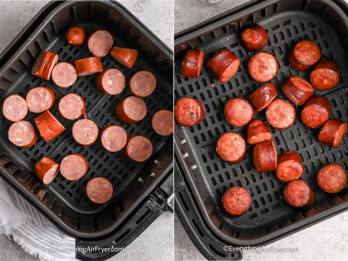 Two images of Air Fryer Smoked Sausage cooked and uncooked smoked sausage in an air fryer basket.