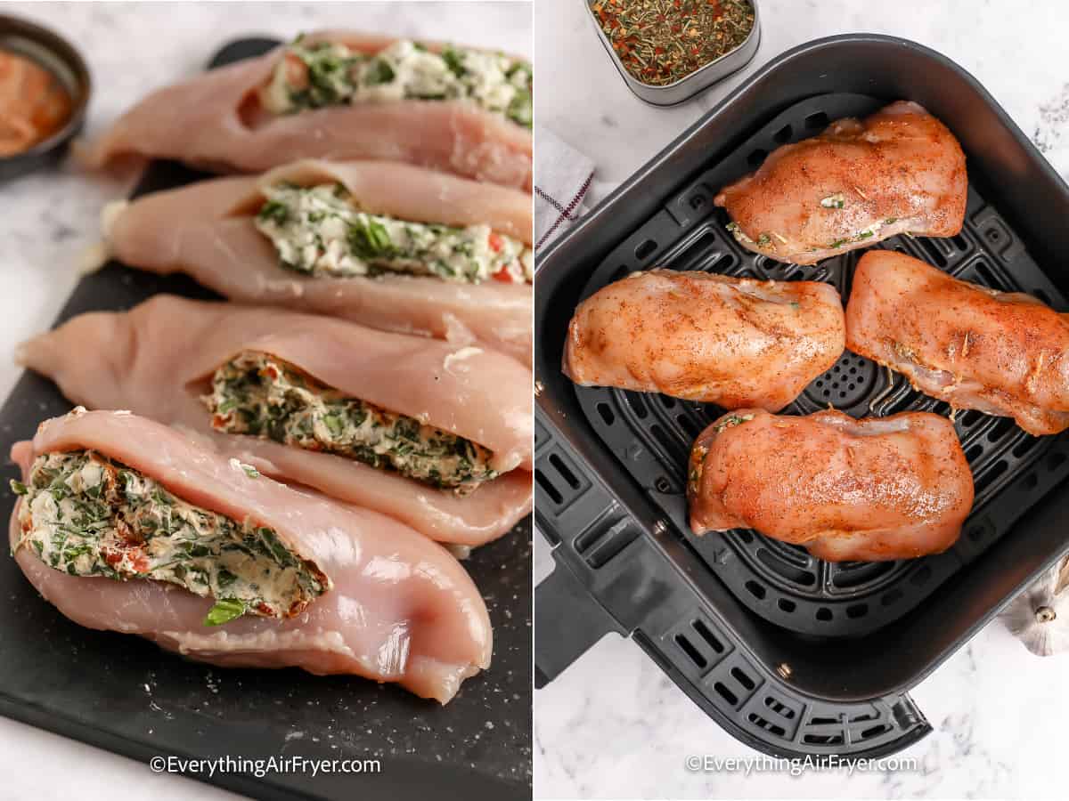 adding seasoned and stuffed chicken to air fryer to make Air Fryer Stuffed Chicken Breasts