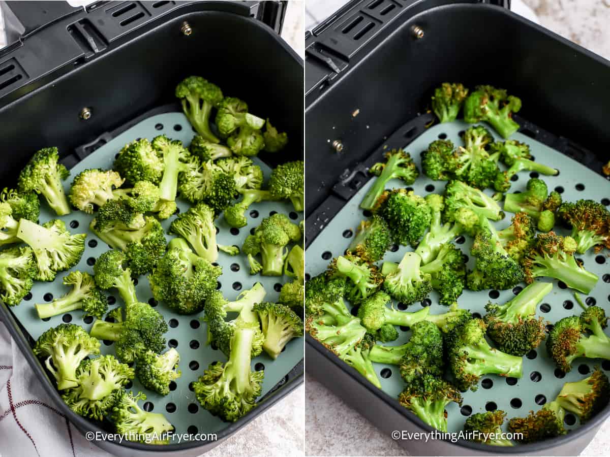 Two images showing the steps to cook broccoli in an air fryer basket