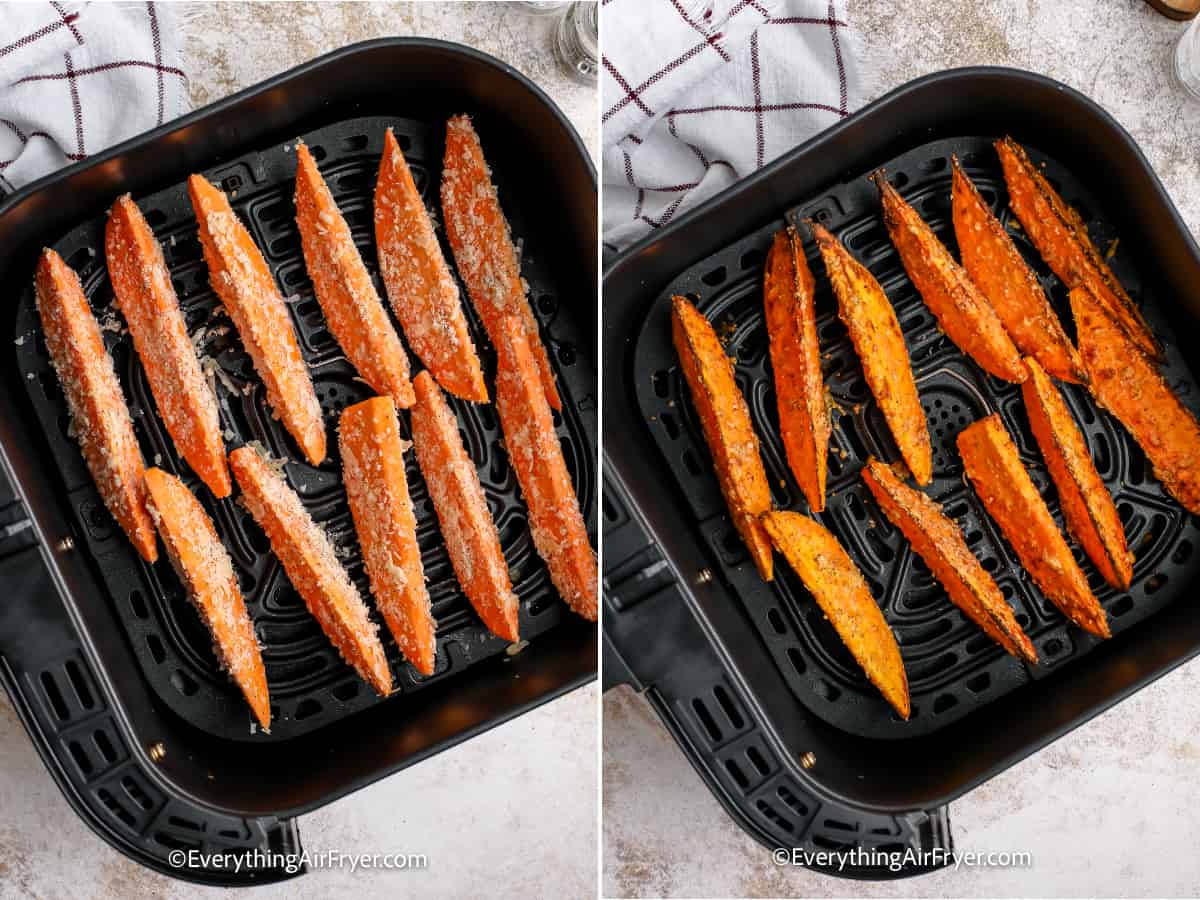 Two image showing parmesan sweet potato wedges uncooked and cooked in an air fryer basket