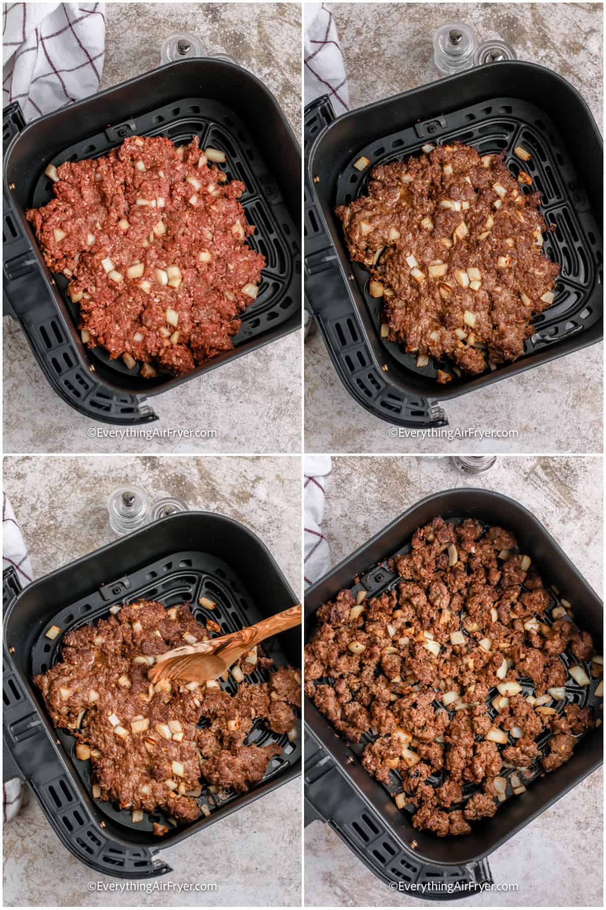 process of cooking taco meat in an air fryer tray