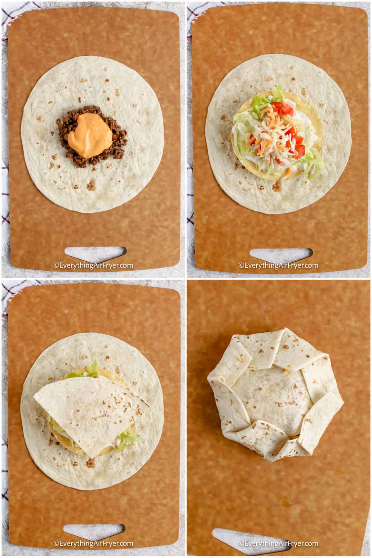 Four images to show the steps to create a crunchwrap supreme.