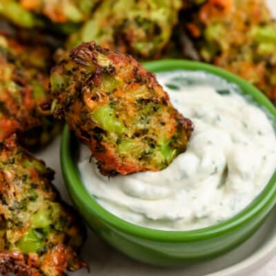 broccoli tots with dip on a plate