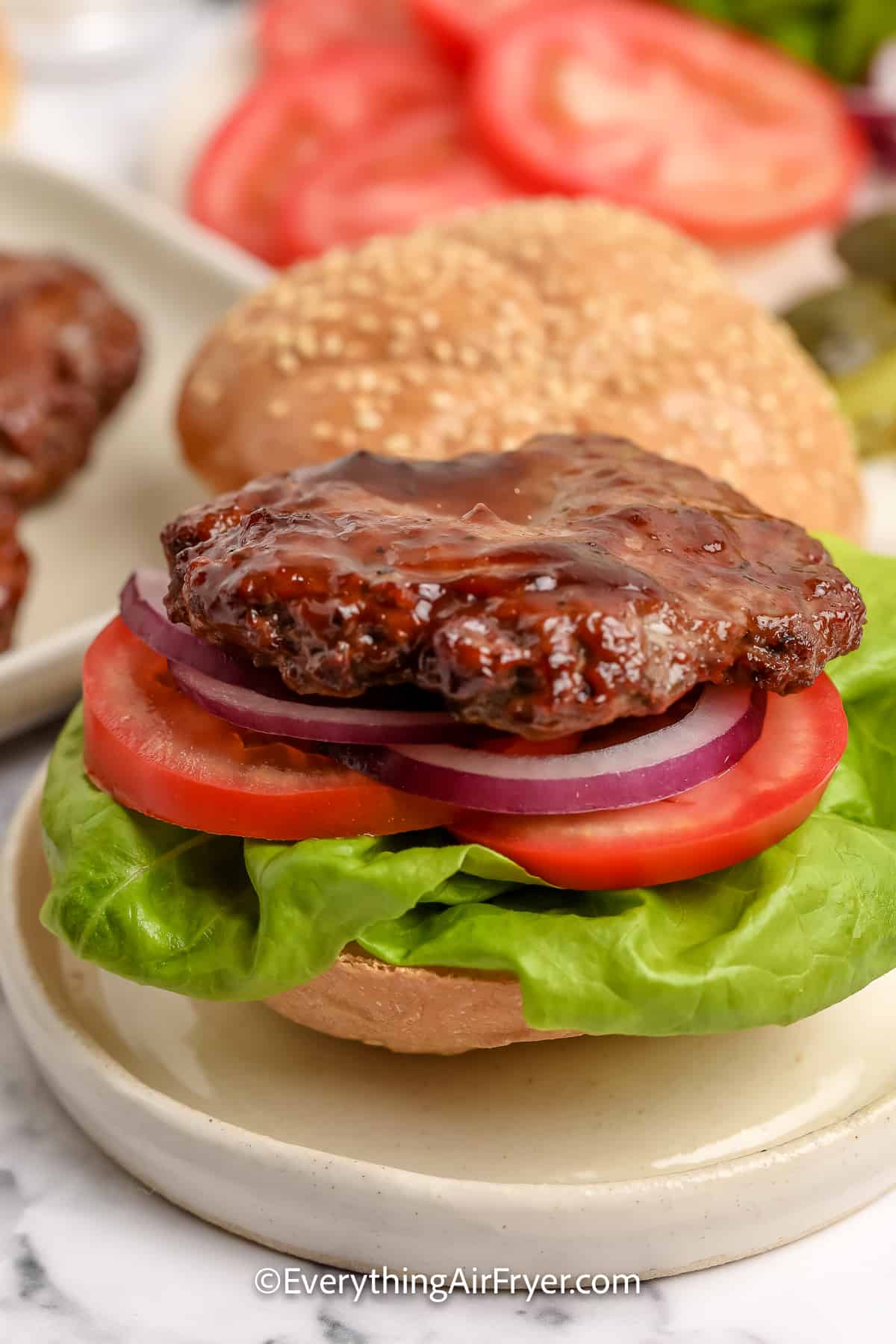 hamburger patty on a bun with lettuce, onion, and tomato
