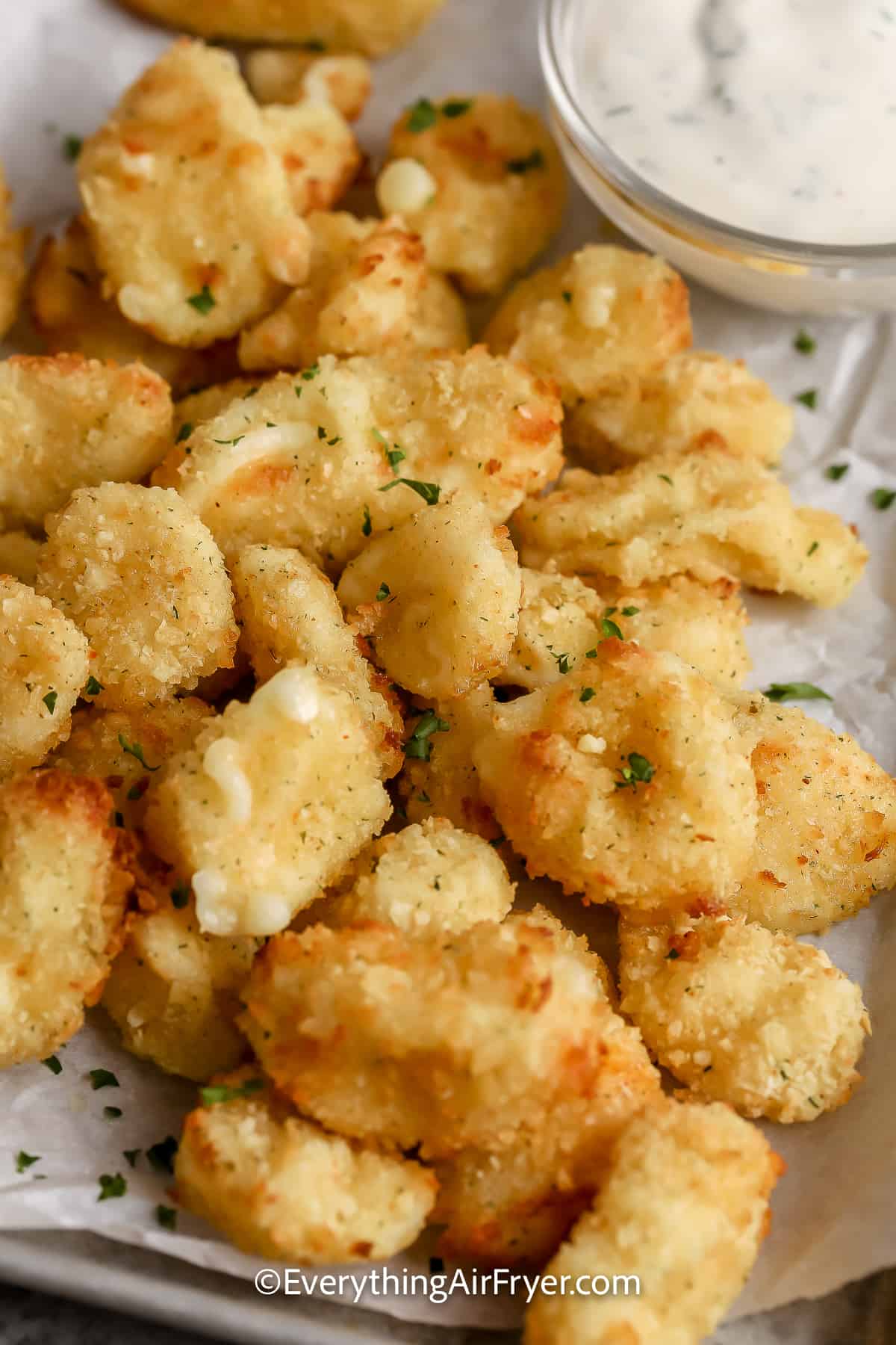 Air Fryer Cheese Curds on a plate with dip