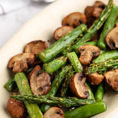 mushrooms and asparagus in a bowl