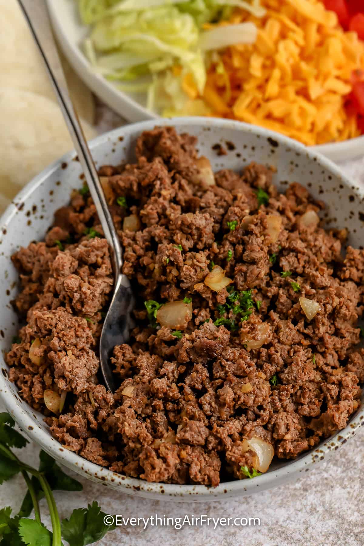 taco meat in a bowl with a spoon