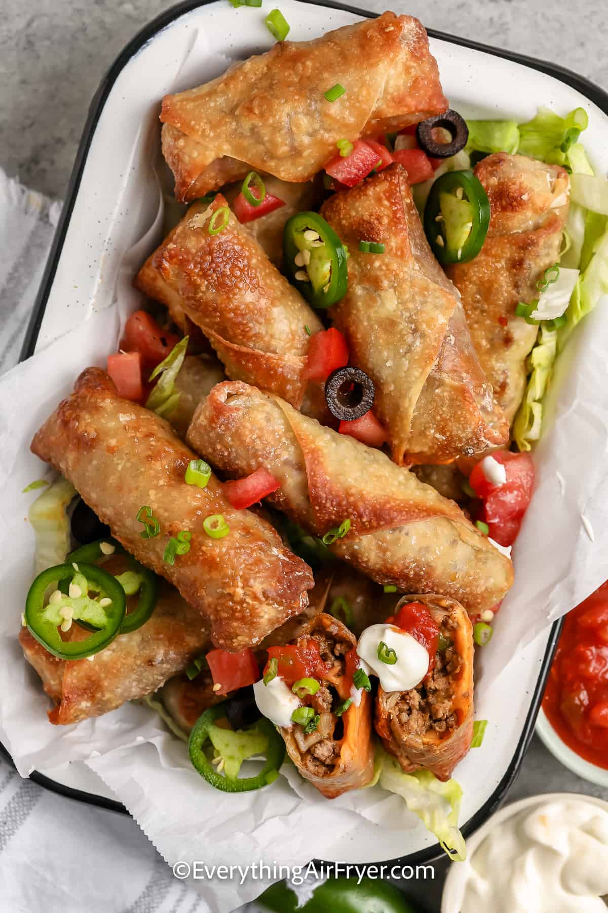 A serving dish of Tex Mex Egg Rolls