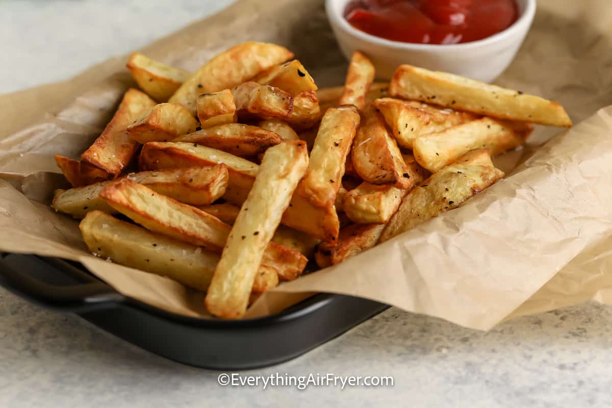 Close up of Air Fryer French Fries with Ketchup