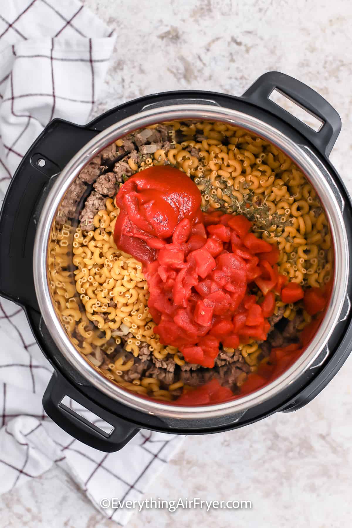 Goulash ingredients in an Instant Pot