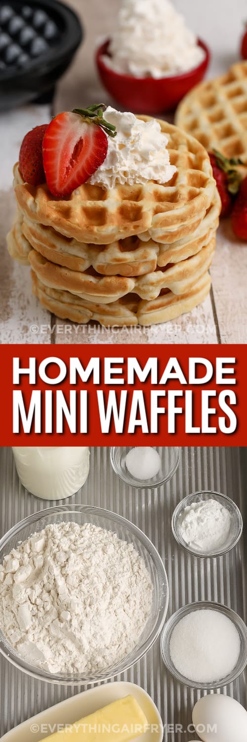 stack of mini waffles and ingredients with text