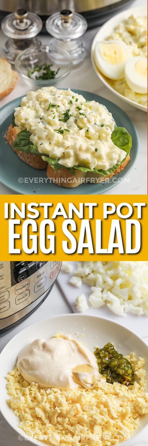 Top image - prepared egg salad on a slice of bread. Bottom image - egg salad ingredients in a bowl to be mixed with a title.