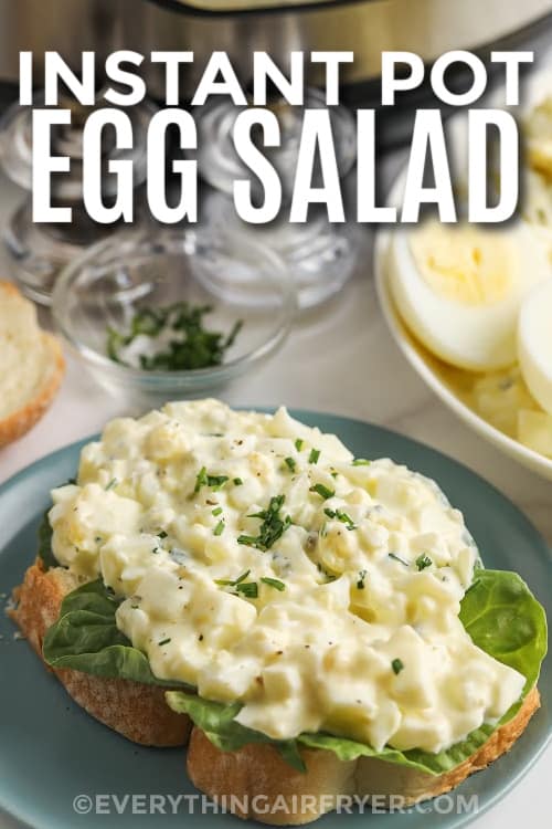 prepared egg salad on a slice of bread with a title