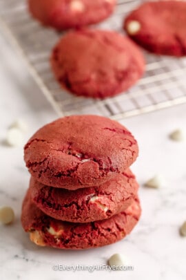 A stack of Air Fryer Red Velvet Chocolate Chips Cookies