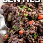 instant pot beluga lentils and spoon with text