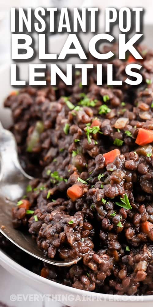 instant pot beluga lentils and spoon with text