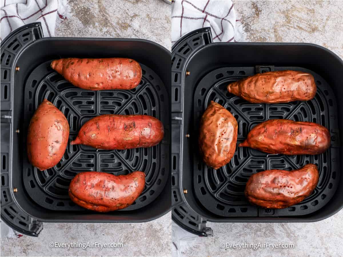process of baking sweet potatoes in an air fryer tray