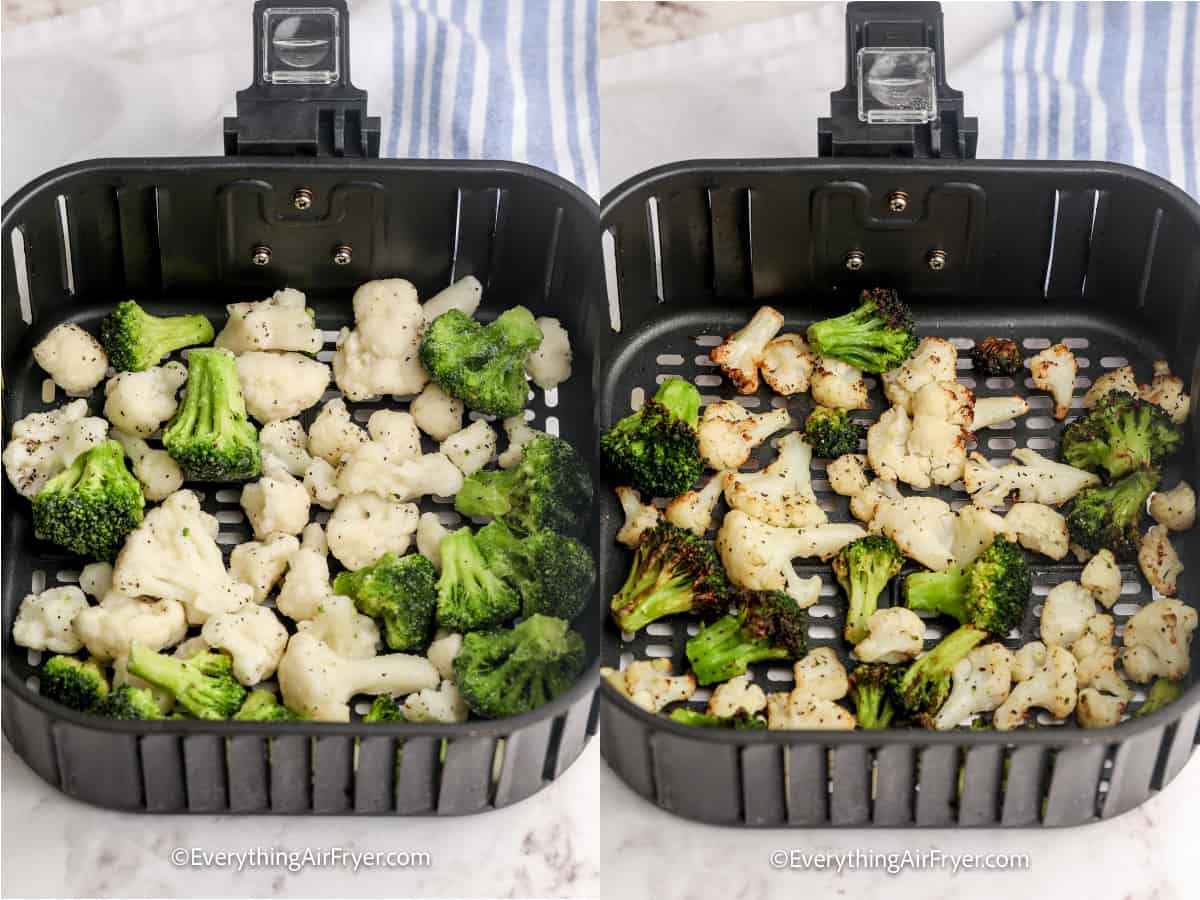 process of cooking frozen vegetables in an air fryer tray