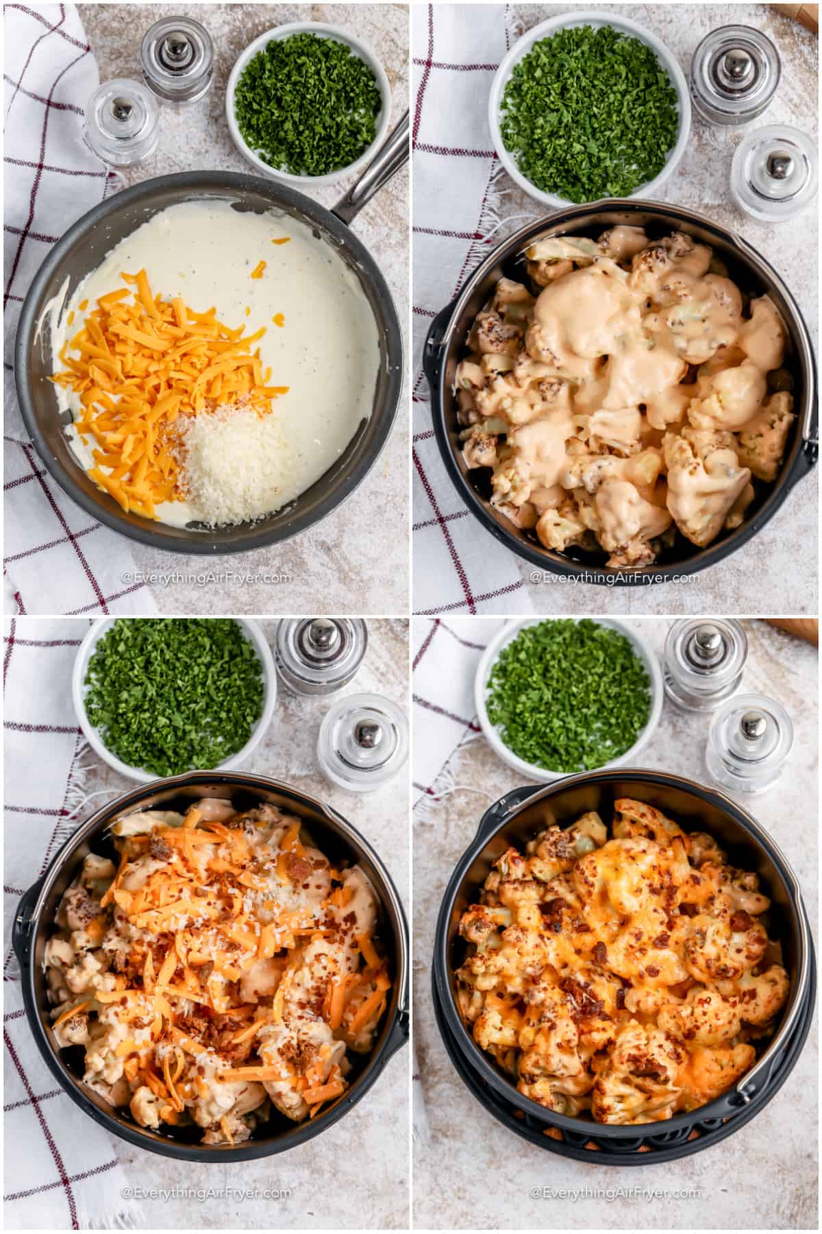 process of making air fryer bacon cauliflower mac and cheese